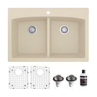 33" Top Mount Double Equal Bowl Quartz Composite Kitchen Sink Kit In Bisque