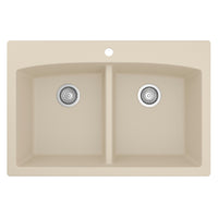 33" Top Mount Double Equal Bowl Quartz Composite Kitchen Sink In Bisque