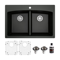 33" Top Mount Double Equal Bowl Quartz Composite Kitchen Sink Kit In Black