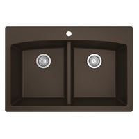 33" Top Mount Double Equal Bowl Quartz Composite Kitchen Sink In Brown