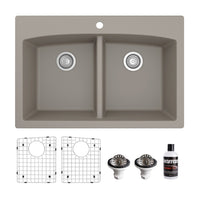 33" Top Mount Double Equal Bowl Quartz Composite Kitchen Sink Kit In Concrete