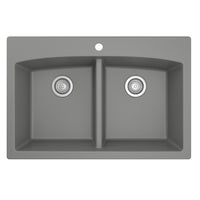 33" Top Mount Double Equal Bowl Quartz Composite Kitchen Sink In Grey