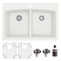 33" Top Mount Double Equal Bowl Quartz Composite Kitchen Sink Kit In White