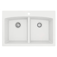 33" Top Mount Double Equal Bowl Quartz Composite Kitchen Sink In White