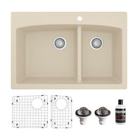 33" Top Mount Double Offset Bowl Quartz Composite Kitchen Sink Kit In Bisque