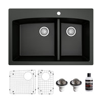 33" Top Mount Double Offset Bowl Quartz Composite Kitchen Sink Kit In Black