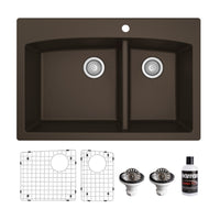 33" Top MountDouble Offset Bowl Quartz Composite Kitchen Sink Kit In Brown