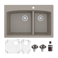 33" Top Mount Double Offset Bowl Quartz Composite Kitchen Sink Kit In Concrete