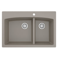 33" Top Mount Double Offset Bowl Quartz Composite Kitchen Sink In Concrete