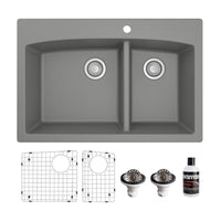 33" Top Mount Double Offset Bowl Quartz Composite Kitchen Sink Kit In Grey
