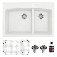 33" Top Mount Double Offset Bowl Quartz Composite Kitchen Sink Kit In White
