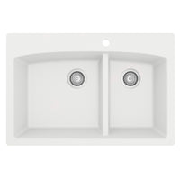 33" Top Mount Double Offset Bowl Quartz Composite Kitchen Sink In White