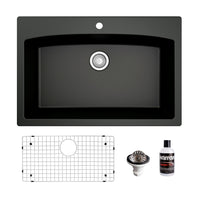 33" Top Mount Large Single Bowl Quartz Composite Kitchen Sink Kit In Black