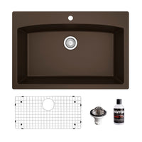 33" Top Mount Large Single Bowl Quartz Composite Kitchen Sink Kit In Brown