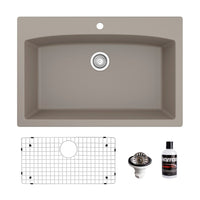 33" Top Mount Large Single Bowl Quartz Composite Kitchen Sink Kit Concrete