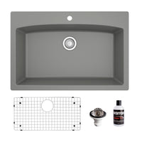 33" Top Mount Large Single Bowl Quartz Composite Kitchen Sink Kit Grey
