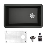 31-5/8" Undermount Large Single Bowl Quartz Composite Kitchen Sink Kit In Black