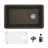31-5/8" Undermount Large Single Bowl Quartz Composite Kitchen Sink Kit In Brown