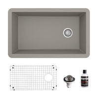 31-5/8" Undermount Large Single Bowl Quartz Composite Kitchen Sink Kit In Concrete