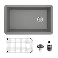 31-5/8" Undermount Large Single Bowl Quartz Composite Kitchen Sink Kit In Grey