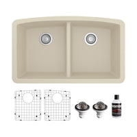 32-1/2" Undermount Double Equal Bowl Quartz Composite Kitchen Sink Kit In Bisque