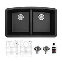 32-1/2" Undermount Double Equal Bowl Quartz Composite Kitchen Sink Kit In Black