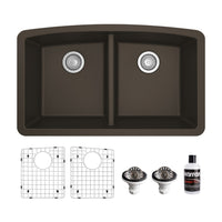 32-1/2" Undermount Double Equal Bowl Quartz Composite Kitchen Sink Kit In Brown
