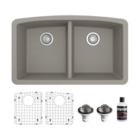 32-1/2" Undermount Double Equal Bowl Quartz Composite Kitchen Sink Kit In Concrete