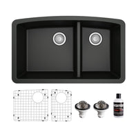 32-1/2" Undermount Double Offset Bowl Quartz Composite Kitchen Sink Kit In Black