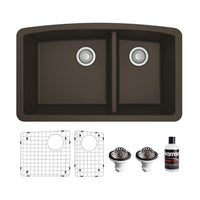 32-1/2" Undermount Double Offset Bowl Quartz Composite Kitchen Sink Kit In Brown
