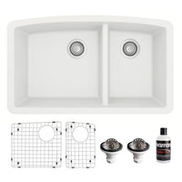 32-1/2" Undermount Double Offset Bowl Quartz Composite Kitchen Sink Kit In White