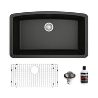 32-1/2" Undermount Large Single Bowl Quartz Composite Kitchen Sink Kit In Black