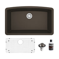 32-1/2" Undermount Large Single Bowl Quartz Composite Kitchen Sink Kit In Brown