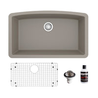 32-1/2" Undermount Large Single Bowl Quartz Composite Kitchen Sink Kit In Concrete