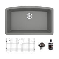 32-1/2" Undermount Large Single Bowl Quartz Composite Kitchen Sink Kit In Grey
