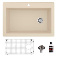 33" Top Mount Large Single Bowl Quartz Composite Kitchen Sink Kit In Bisque