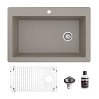 33" Top Mount Large Single Bowl Quartz Composite Kitchen Sink Kit In Concrete