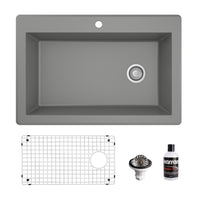 33" Top Mount Large Single Bowl Quartz Composite Kitchen Sink Kit In Grey