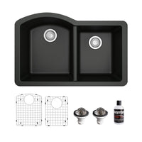 32-1/4" Undermount Double Offset Bowl Quartz Composite Kitchen Sink Kit In Black