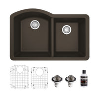 32-1/4" Undermount Double Offset Bowl Quartz Composite Kitchen Sink Kit In Brown