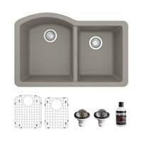 32-1/4" Undermount Double Offset Bowl Quartz Composite Kitchen Sink Kit In Concrete