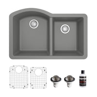 32-1/4" Undermount Double Offset Bowl Quartz Composite Kitchen Sink Kit In Grey