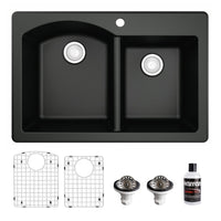 33" Top Mount Double Offset Bowl Quartz Composite Kitchen Sink Kit In Black