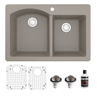 33" Top Mount Double Offset Bowl Quartz Composite Kitchen Sink Kit In Concrete