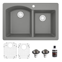 33" Top Mount Double Offset Bowl Quartz Composite Kitchen Sink Kit In Grey