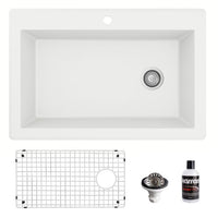 33" Top Mount Large Single Bowl Quartz Composite Kitchen Sink Kit In White