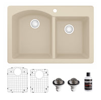 33" Top Mount Double Offset Bowl Quartz Composite Kitchen Sink Kit In Bisque