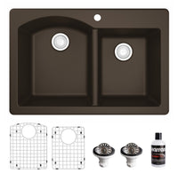 33" Top Mount Double Offset Bowl Quartz Composite Kitchen Sink Kit In Brown