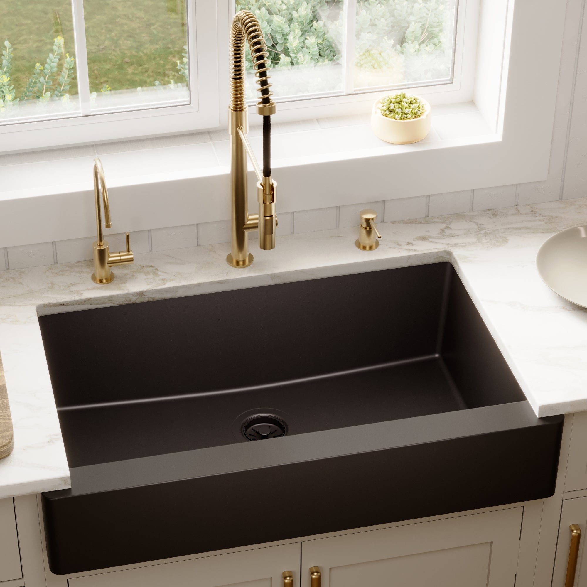KAZOZ Creation ブラック プリーツカーテン QAR-740 Retrofit Farmhouse/Apron-Front Quartz Composite 34 in