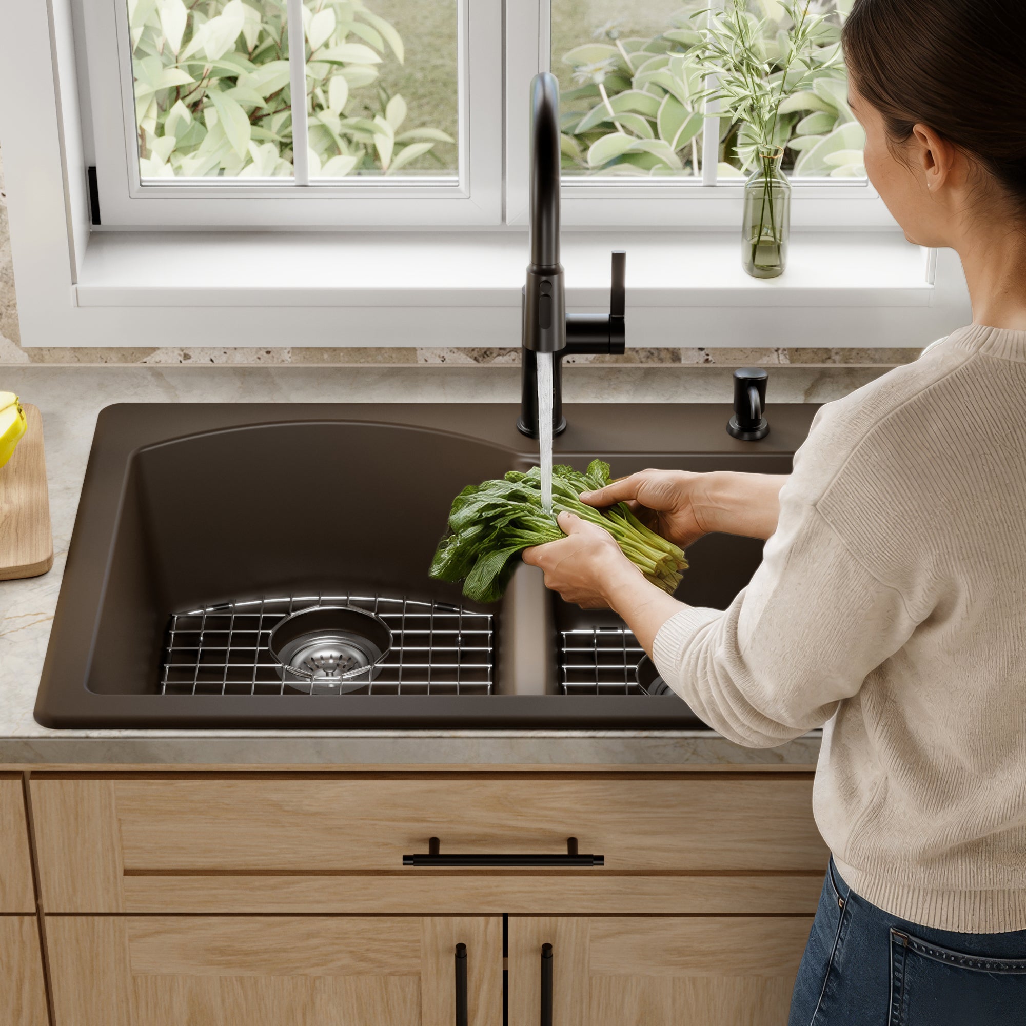 QT-610-Drop-in Quartz Composite 33 inch 60/40 Double Bowl Kitchen